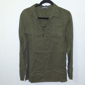 Alexander Jordan Olive Green Blouse w/ Lace-up Neckline, Chest Pockets Women's L